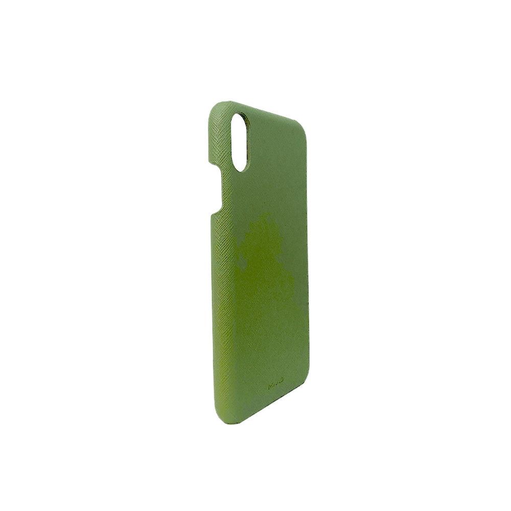 Green saffiano leather case for iPhone XS MAX with personalized monogram options.