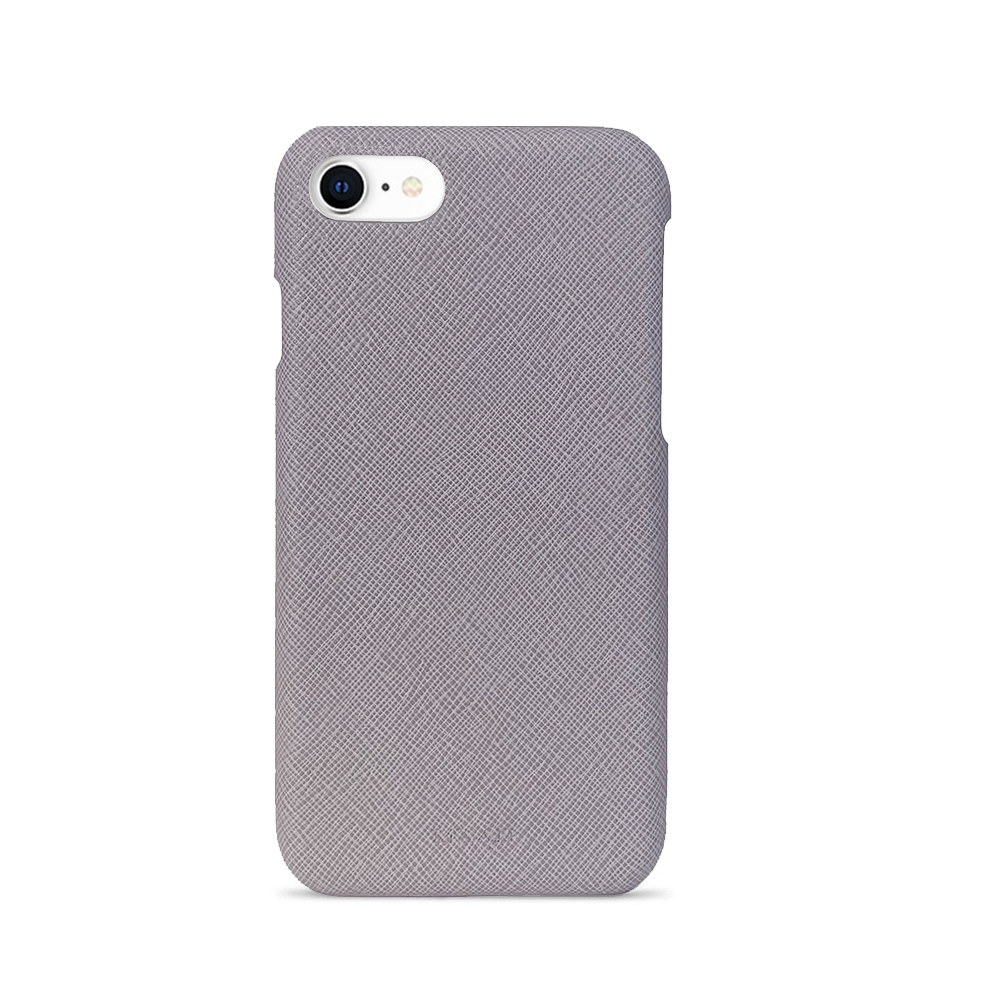 Stylish grey saffiano leather case for iPhone 7/8/SE with personalization options.