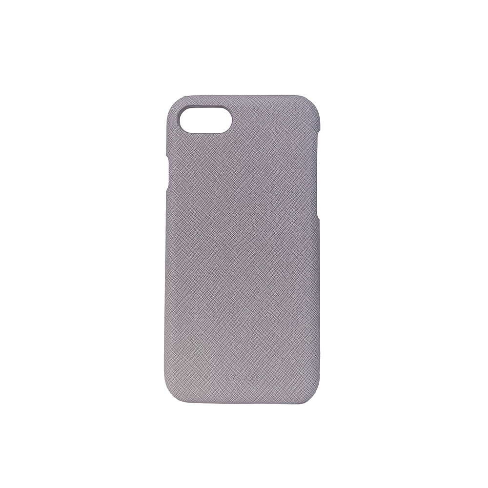 Stylish grey saffiano leather case for iPhone 7/8/SE with personalization options.