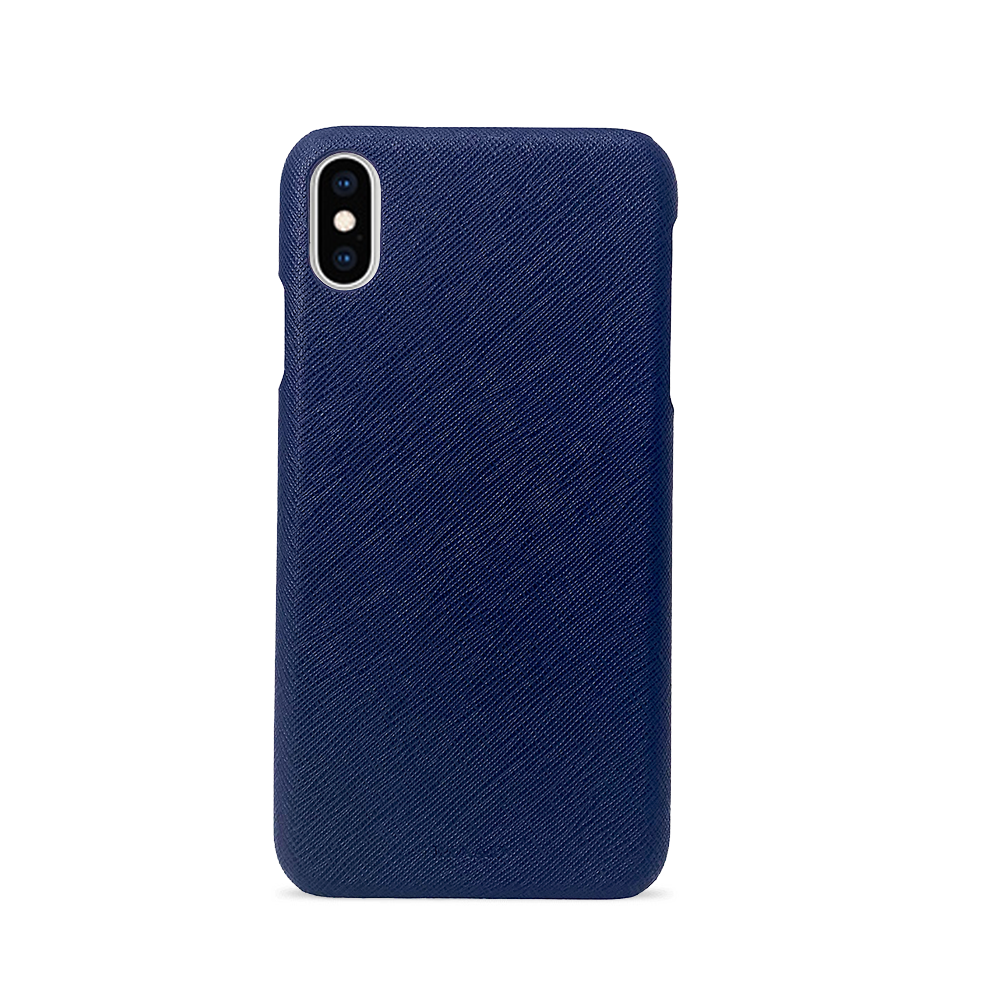 Navy blue saffiano leather case for iPhone XS MAX, showcasing a slim and minimalist design with personalization options.