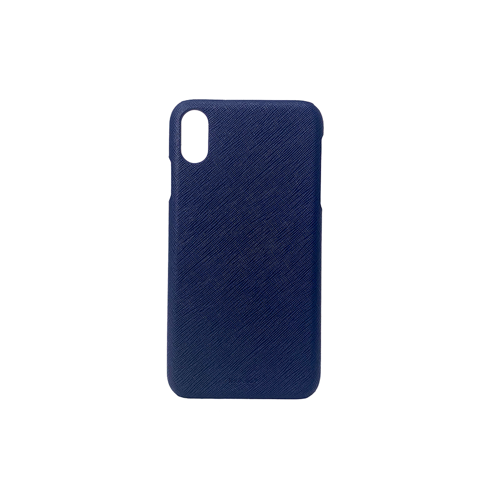 Navy blue saffiano leather case for iPhone XS MAX, showcasing a slim and minimalist design with personalization options.