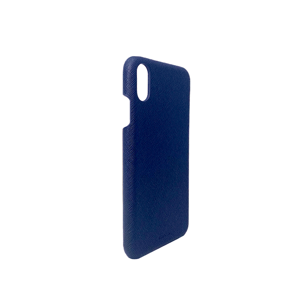 Navy blue saffiano leather case for iPhone XS MAX, showcasing a slim and minimalist design with personalization options.