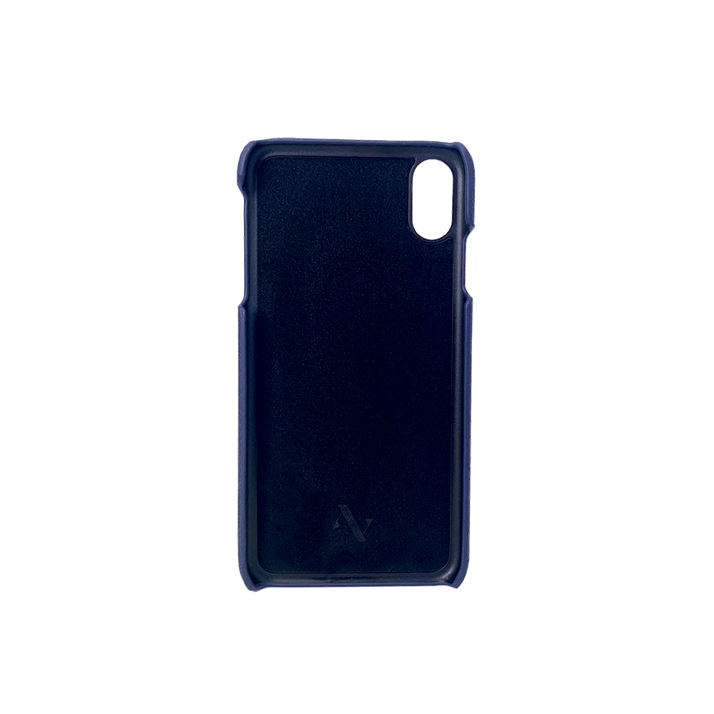 Navy blue saffiano leather case for iPhone XS MAX, showcasing a slim and minimalist design with personalization options.