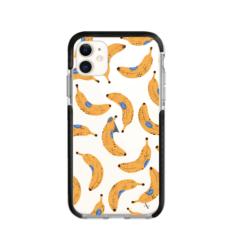 Go Bananas iPhone 12 Mini Clear Case featuring a colorful fruit sticker design, showcasing a slim and protective profile.