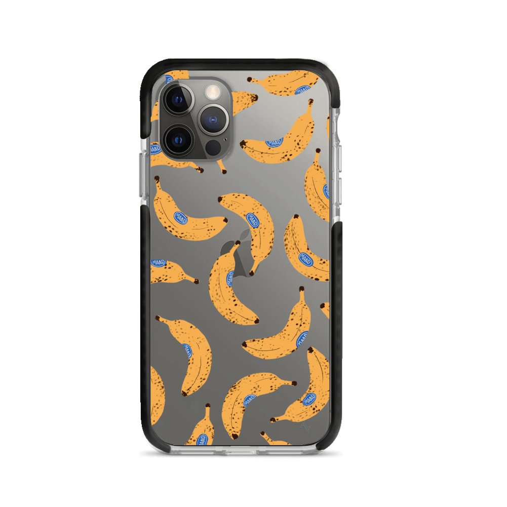 Go Bananas iPhone 12 Pro clear case featuring a colorful fruit sticker design, providing stylish protection.