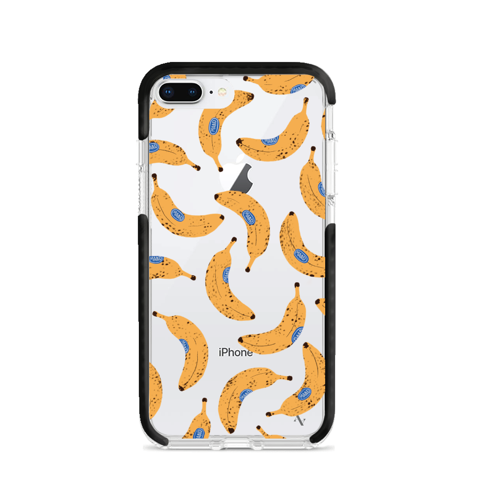 Go Bananas! clear case for iPhone 7/8 Plus, showcasing a slim design with impact-absorbing edges and customizable options.