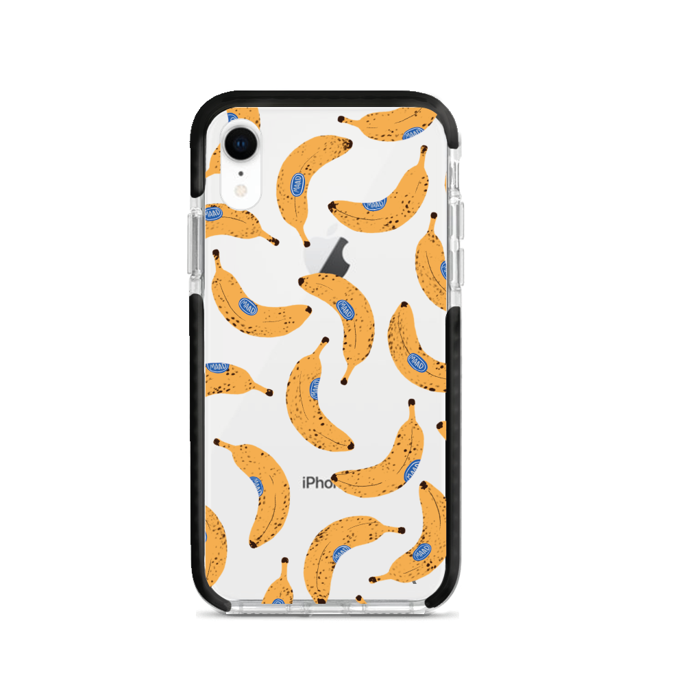 Go Bananas iPhone XR clear case showcasing a slim and protective design with impact-absorbing materials.