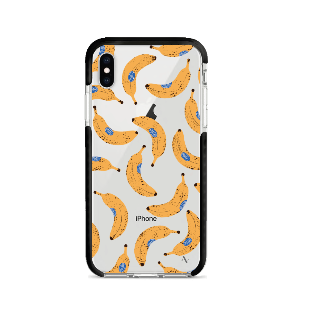 Go Bananas clear case for iPhone X/XS, showcasing a slim and protective design with impact-absorbing materials.