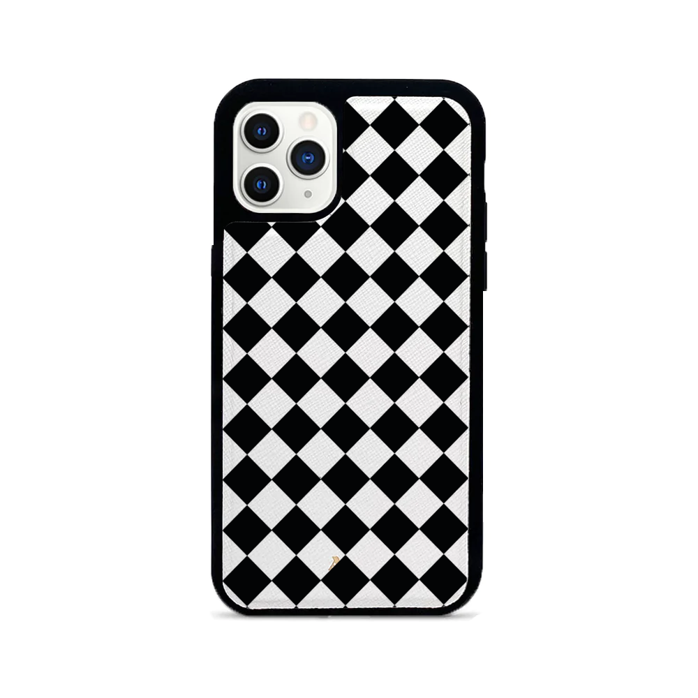 GOLF le MAAD Black and White iPhone 11 Pro Leather Case featuring saffiano leather and rubber rim for protection.