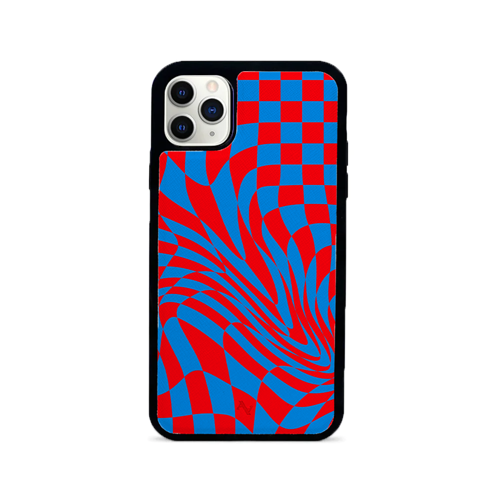 GOLF le MAAD Blue and Red Leather Case for iPhone 11 Pro Max, showcasing saffiano leather and rubber rim.