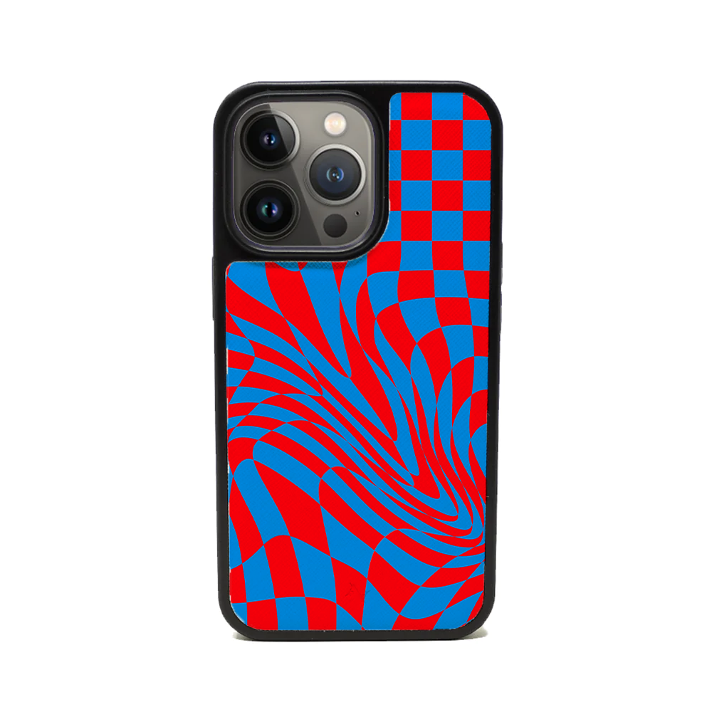 GOLF le MAAD Blue and Red iPhone 13 Pro Leather Case featuring vegan saffiano leather and soft rubber rim.