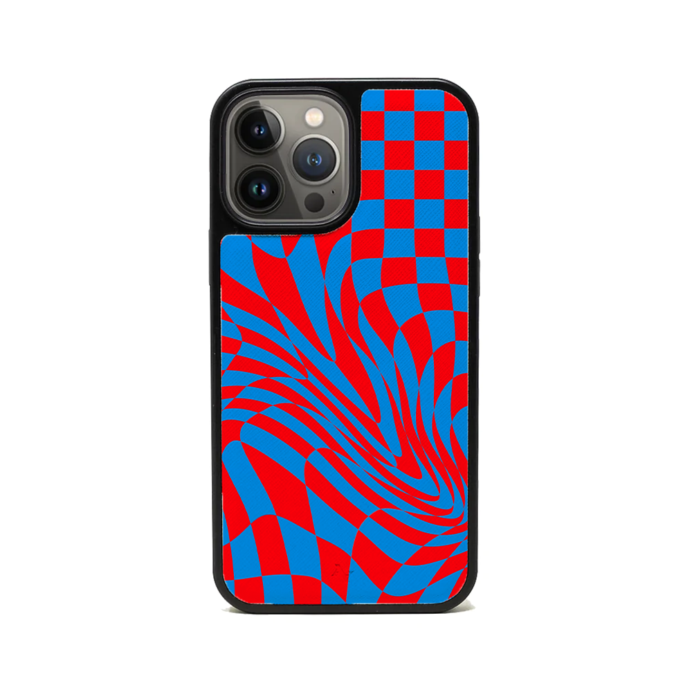 GOLF le MAAD Blue and Red iPhone 13 Pro Max Leather Case with vegan saffiano leather and soft rubber rim.