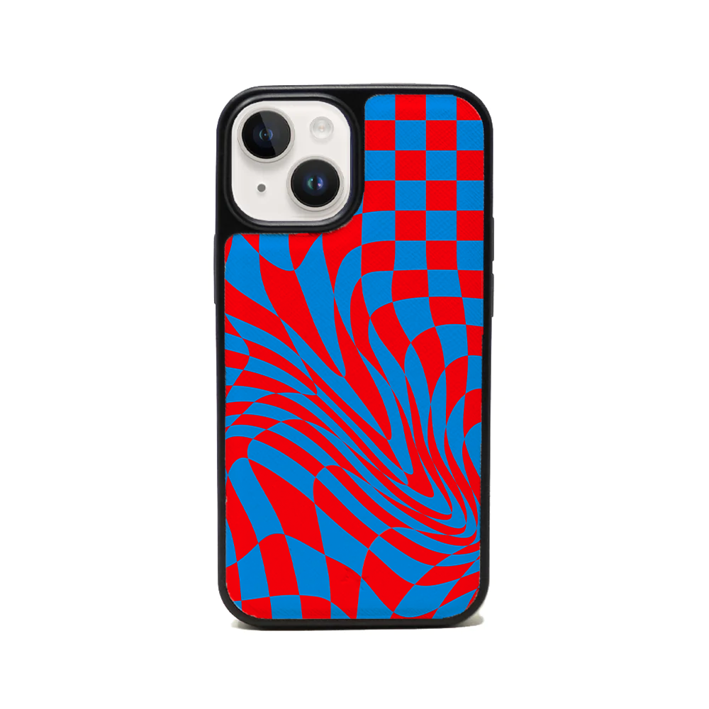 GOLF le MAAD Blue and Red iPhone 14 Leather Case with vegan saffiano leather and soft rubber rim.