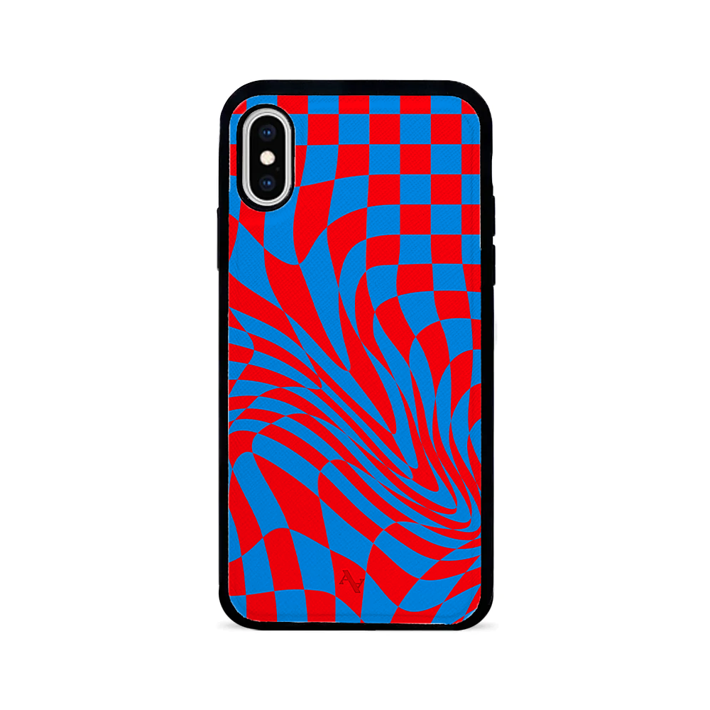 GOLF le MAAD Blue and Red Leather Case for iPhone X/XS, showcasing saffiano leather texture and soft rubber rim.