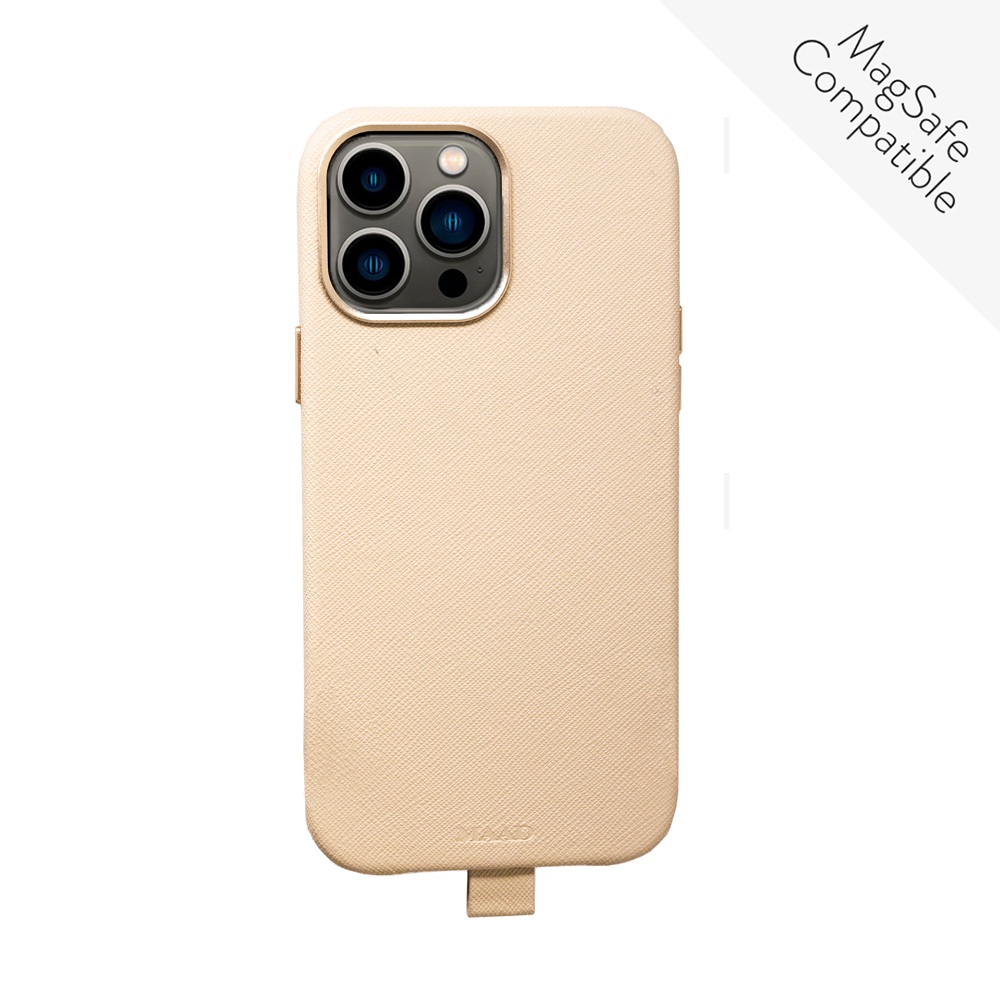 GOLF le MAAD Full Wrapped case in beige for iPhone 13 Pro Max, featuring vegan leather and gold pleated edges.