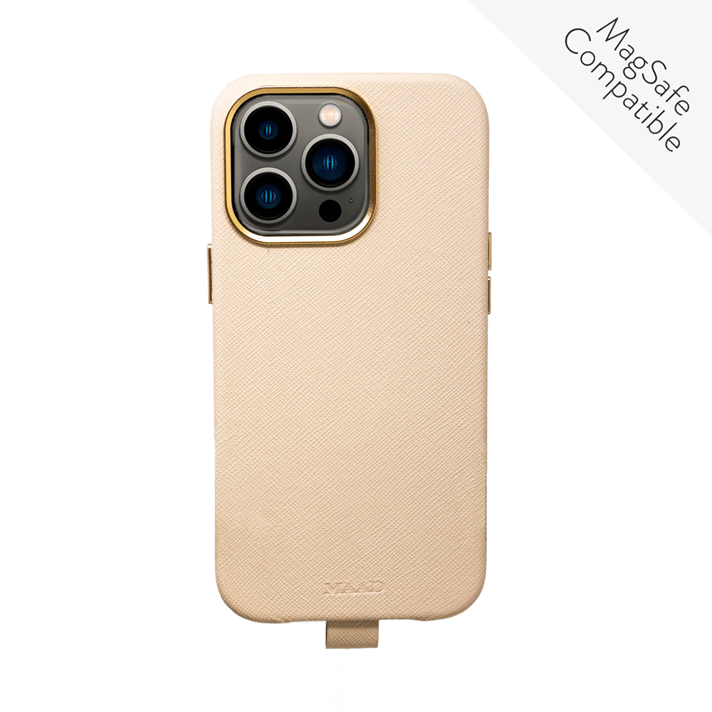 GOLF le MAAD Full Wrapped phone case in beige for iPhone 13 Pro, featuring vegan leather and gold pleated edges.