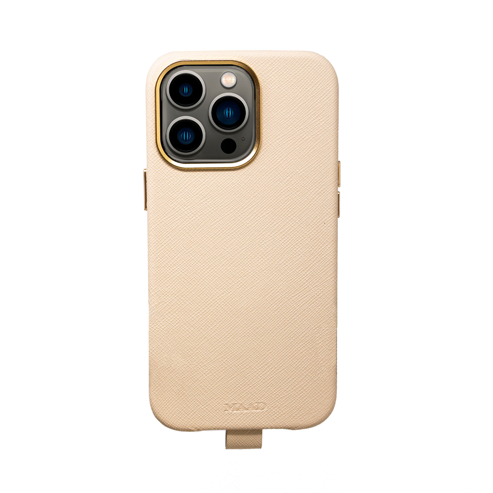 GOLF le MAAD Full Wrapped phone case in beige for iPhone 13 Pro, featuring vegan leather and gold pleated edges.