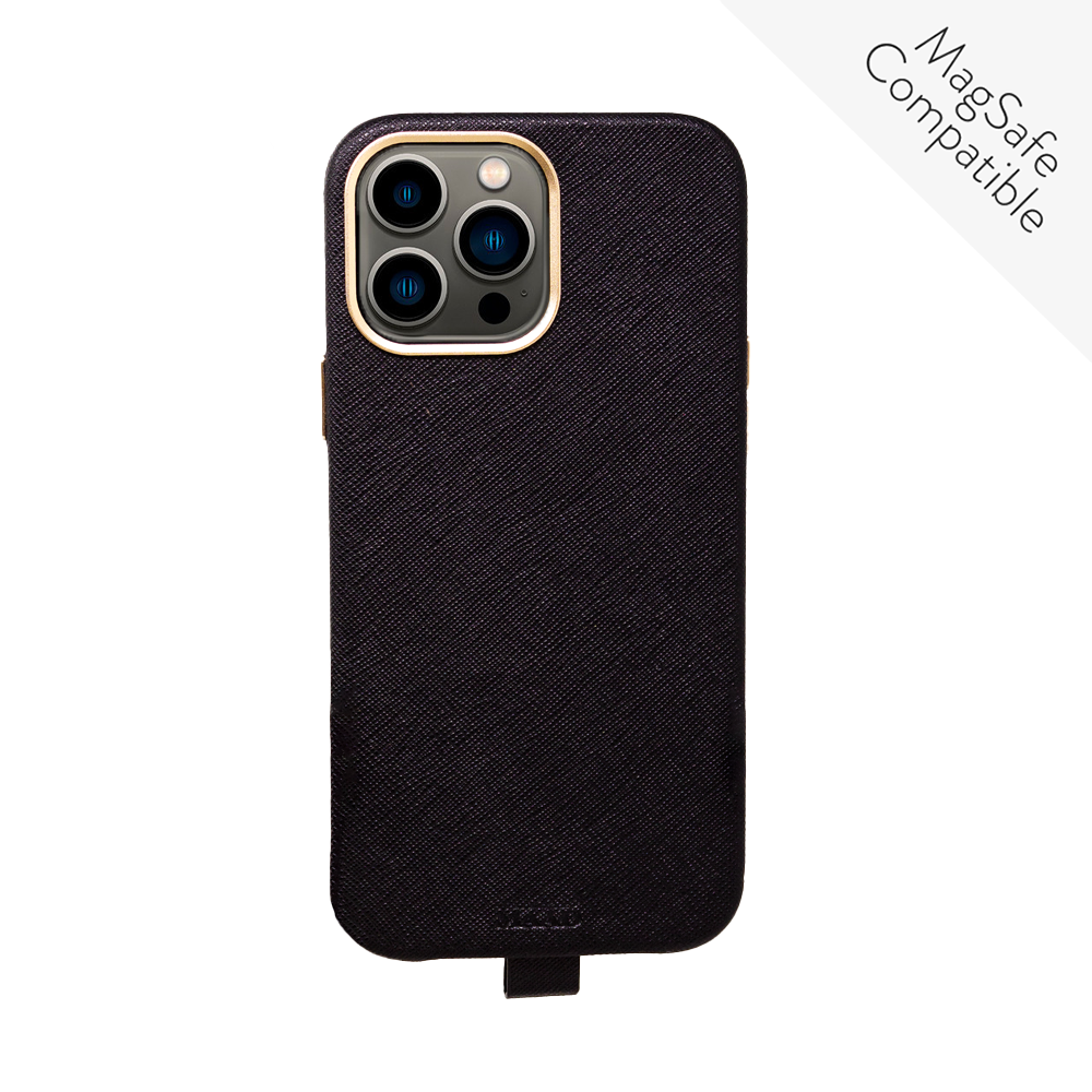 GOLF le MAAD Full Wrapped case for iPhone 13 Pro Max in black vegan saffiano leather with gold pleated edges.