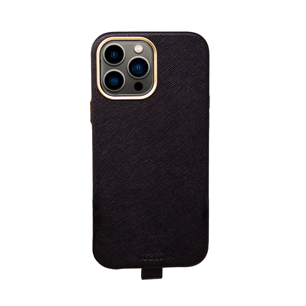 GOLF le MAAD Full Wrapped case for iPhone 13 Pro Max in black vegan saffiano leather with gold pleated edges.