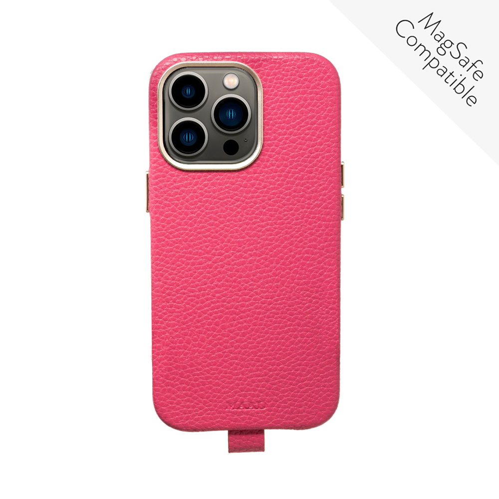 GOLF le MAAD Full Wrapped Hot Pink iPhone 13 Pro case made of vegan leather with gold pleated edges, showcasing personalization options.