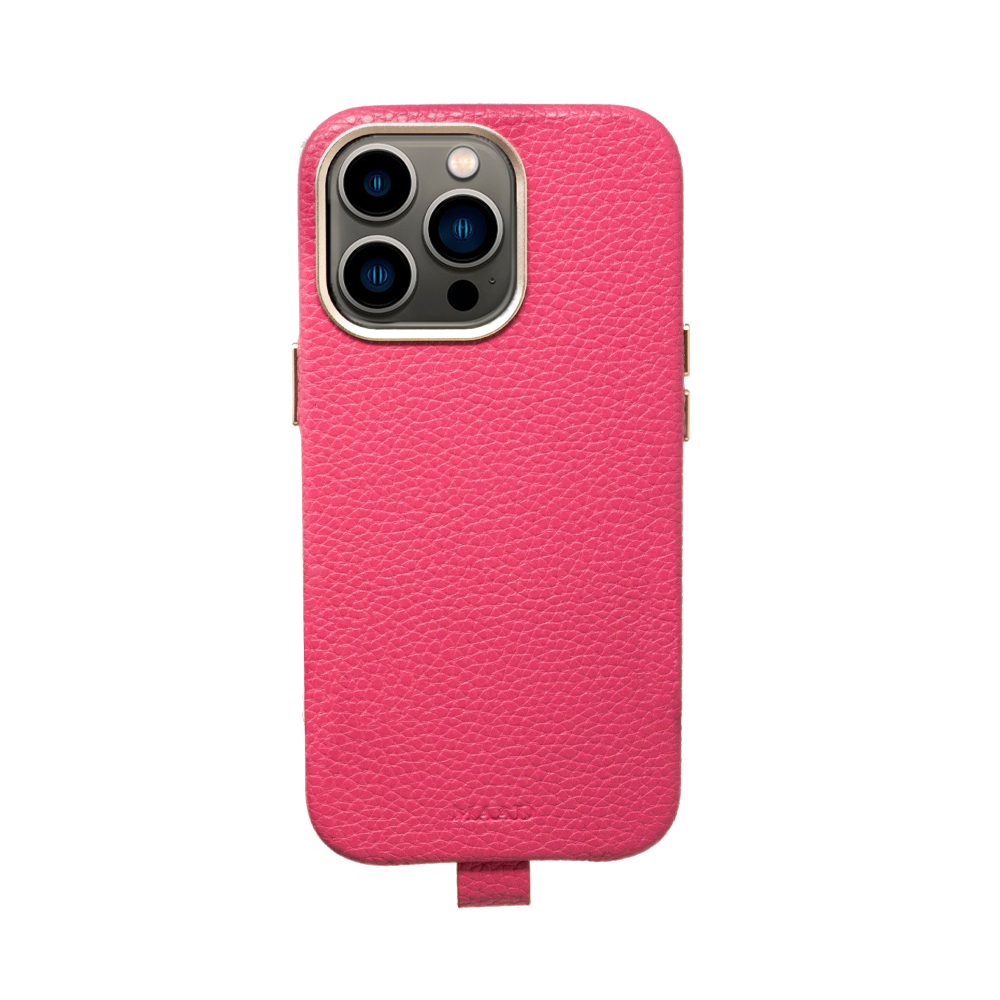 GOLF le MAAD Full Wrapped Hot Pink iPhone 13 Pro case made of vegan leather with gold pleated edges, showcasing personalization options.