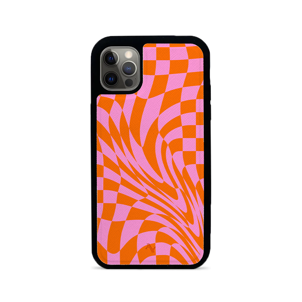 GOLF le MAAD Orange and Pink iPhone 12 Pro Leather Case with vegan saffiano leather and soft rubber rim.