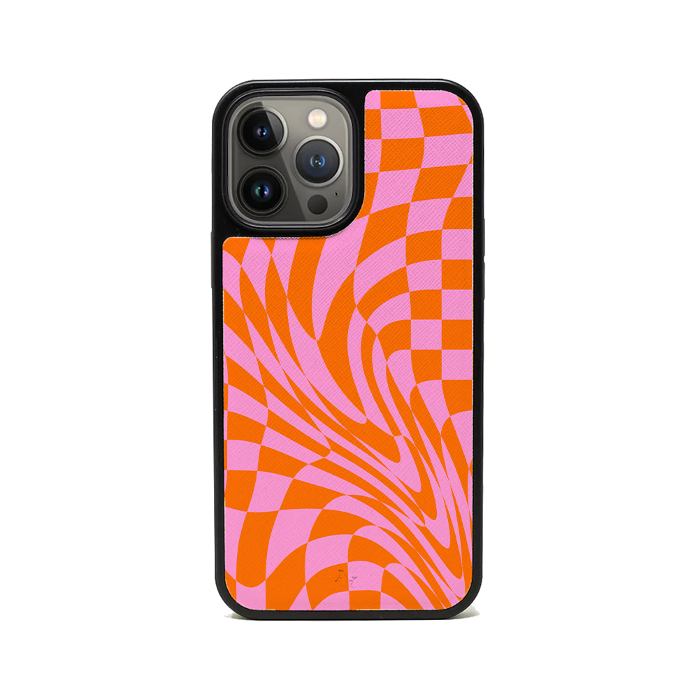 GOLF le MAAD Orange and Pink iPhone 13 Pro Max Leather Case with vegan saffiano leather and soft rubber rim.