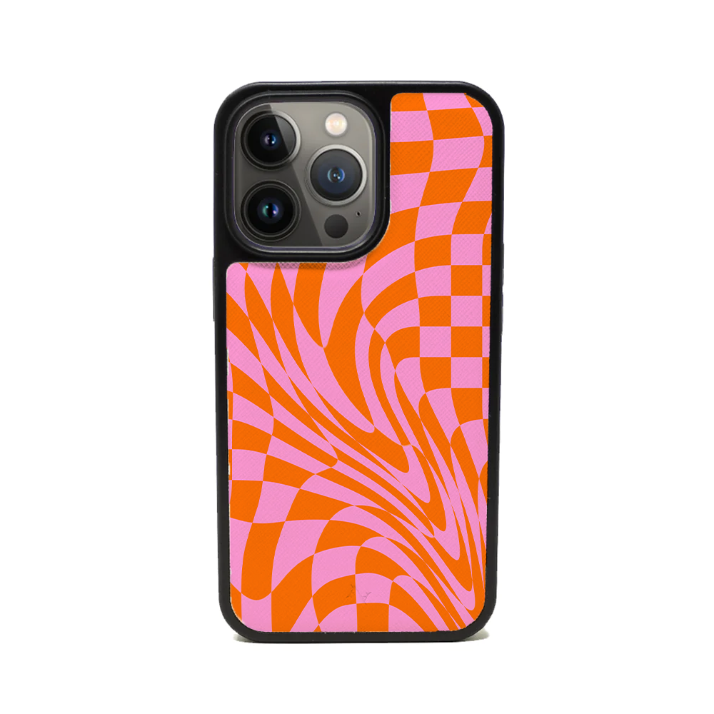 GOLF le MAAD Orange and Pink Leather Case for iPhone 14 Pro, showcasing vegan saffiano leather with a soft rubber rim.