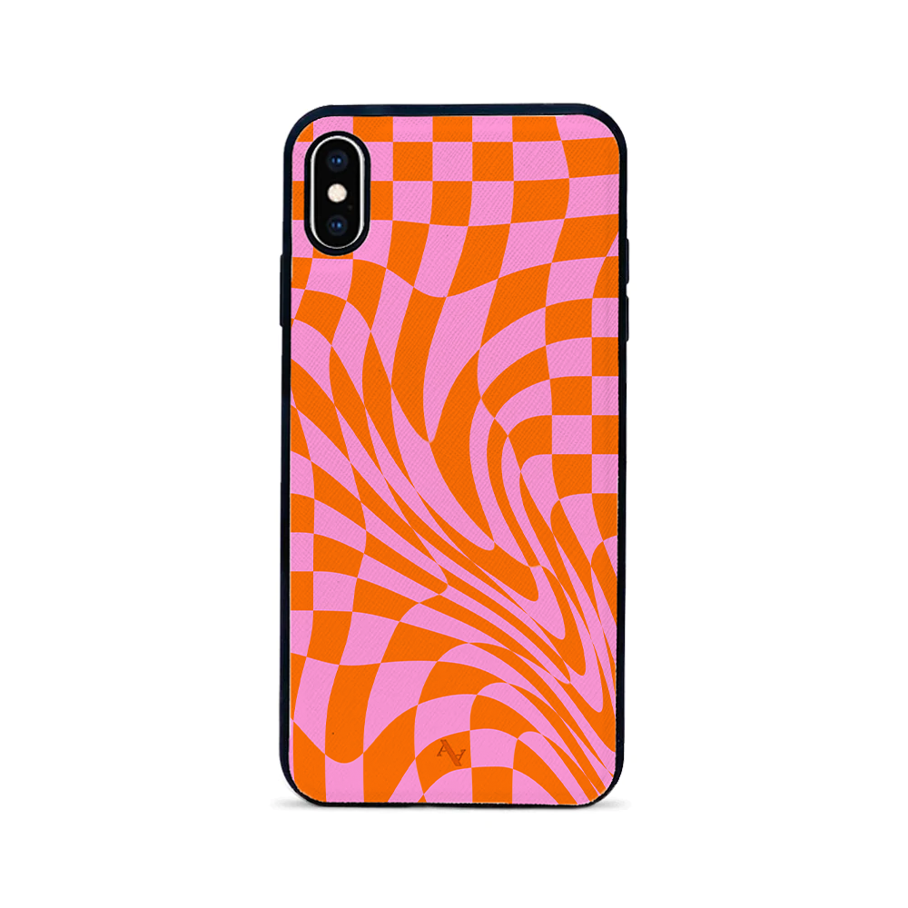 GOLF le MAAD Orange and Pink Leather Case for iPhone XS MAX, featuring saffiano leather and a soft rubber rim.