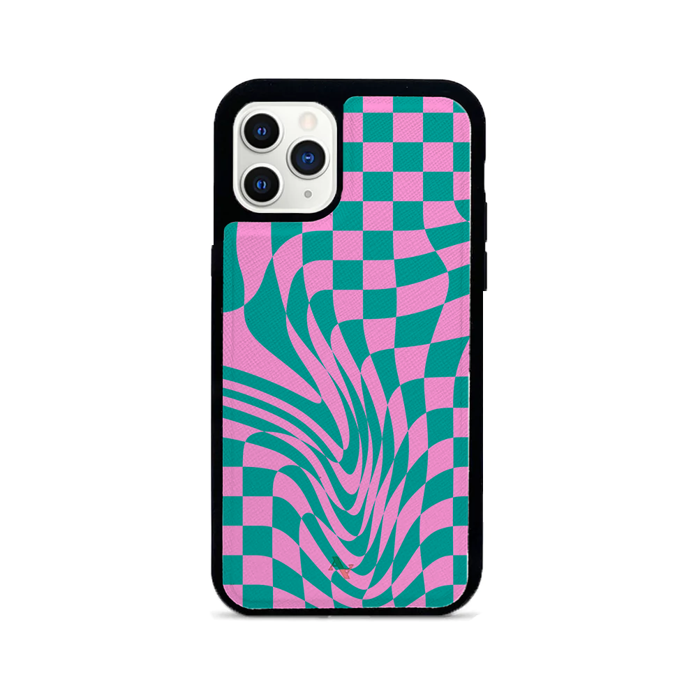 GOLF le MAAD Pink and Green iPhone 11 Pro Leather Case featuring saffiano leather and rubber rim.