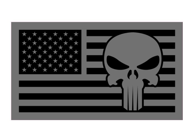 Grey Punisher US Flag decal sticker for veterans, featuring a skull design and American flag colors.