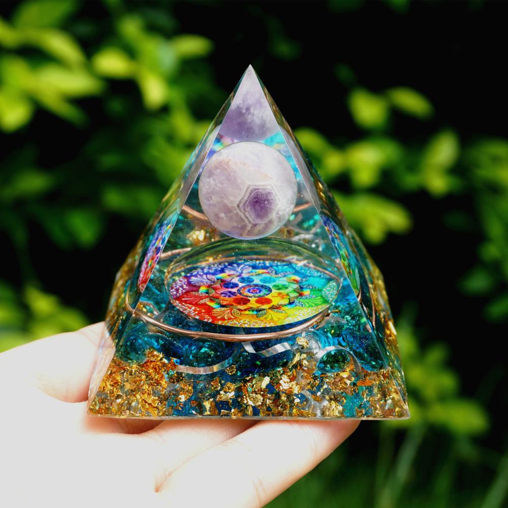 Handmade Amethyst Crystal Sphere Orgone Pyramid showcasing its blue color and geometric design, perfect for meditation and decor.