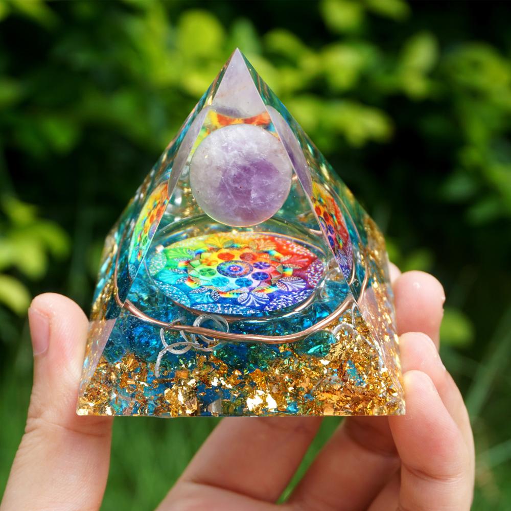 Handmade Amethyst Crystal Sphere Orgone Pyramid showcasing its blue color and geometric design, perfect for meditation and decor.