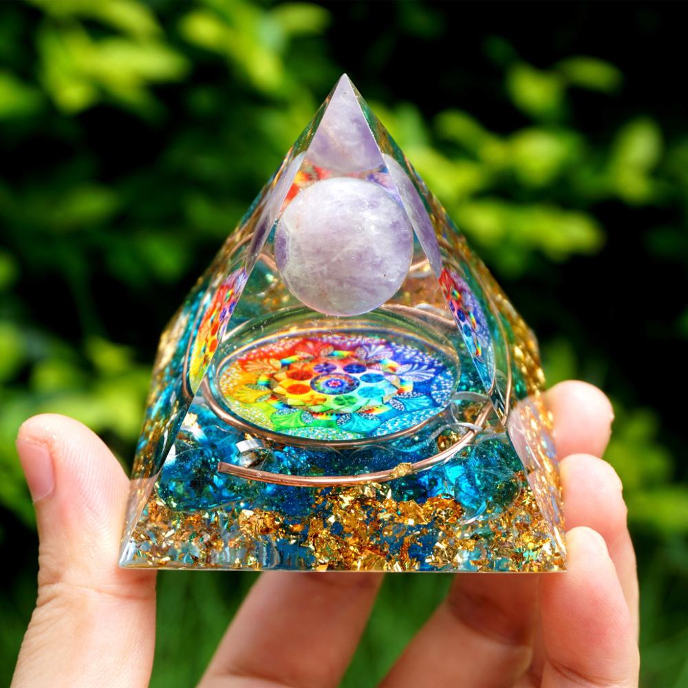 Handmade Amethyst Crystal Sphere Orgone Pyramid showcasing its blue color and geometric design, perfect for meditation and decor.