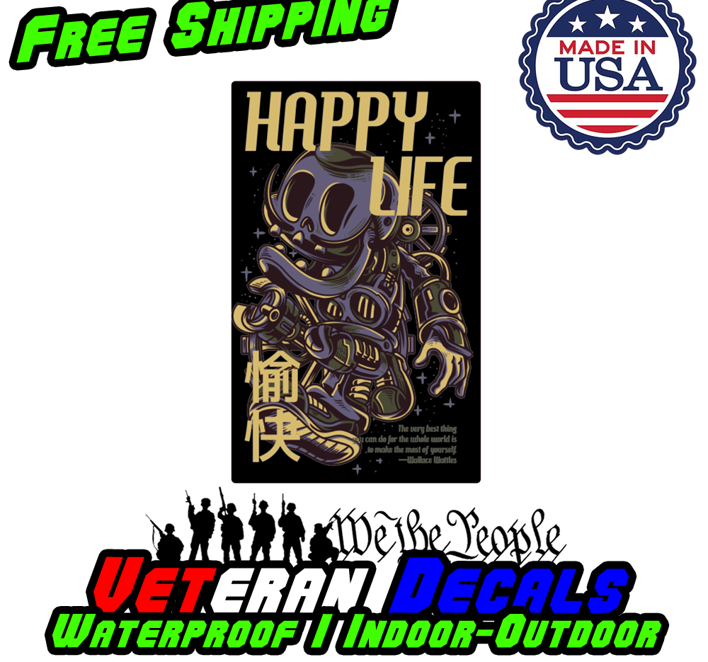 Happy Life Japanese Art JDM Funny Vinyl Decal Sticker displayed on a car, showcasing its vibrant design and quality.