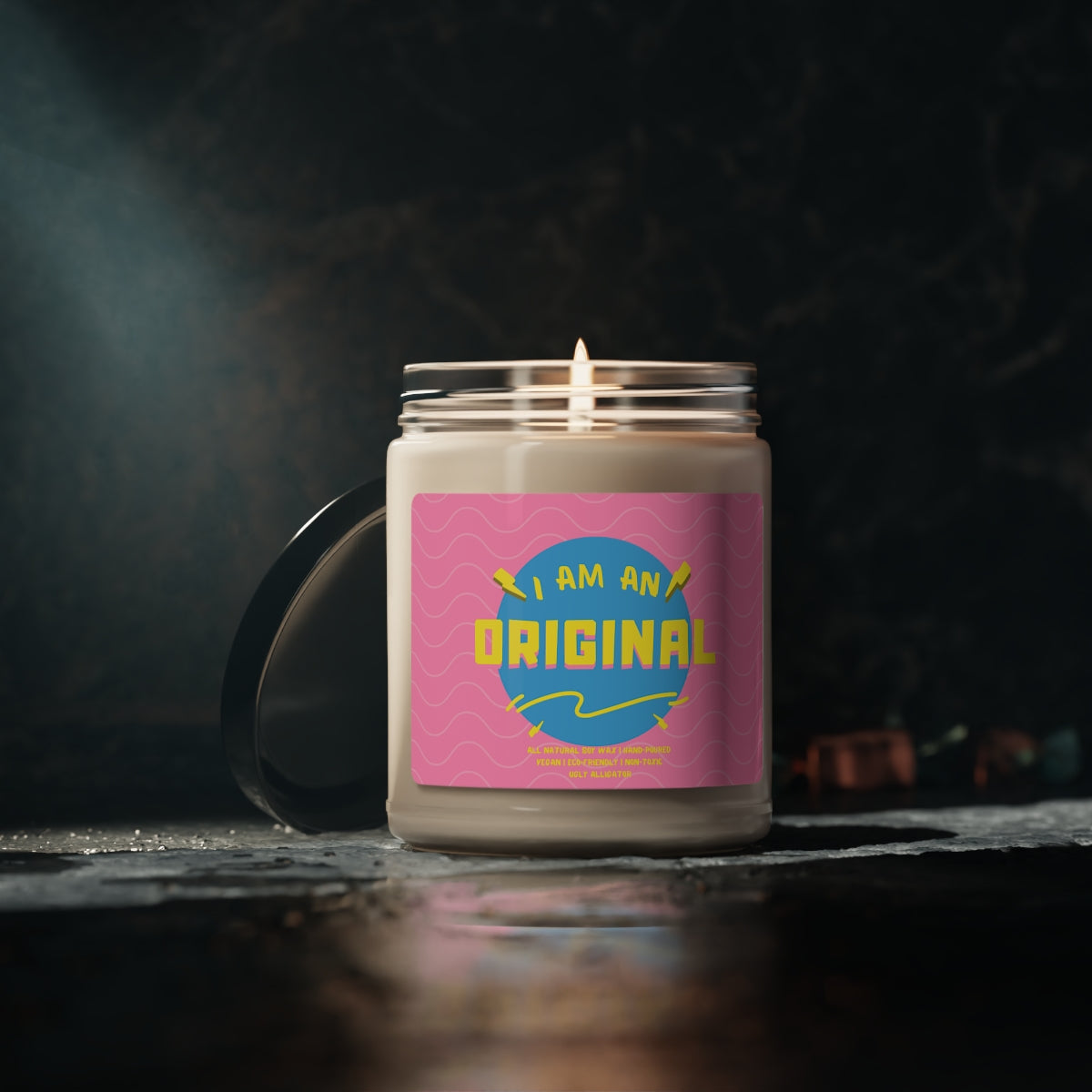 I Am An Original Soy Candle in a stylish 9oz glass jar, showcasing its elegant design and inviting aroma.