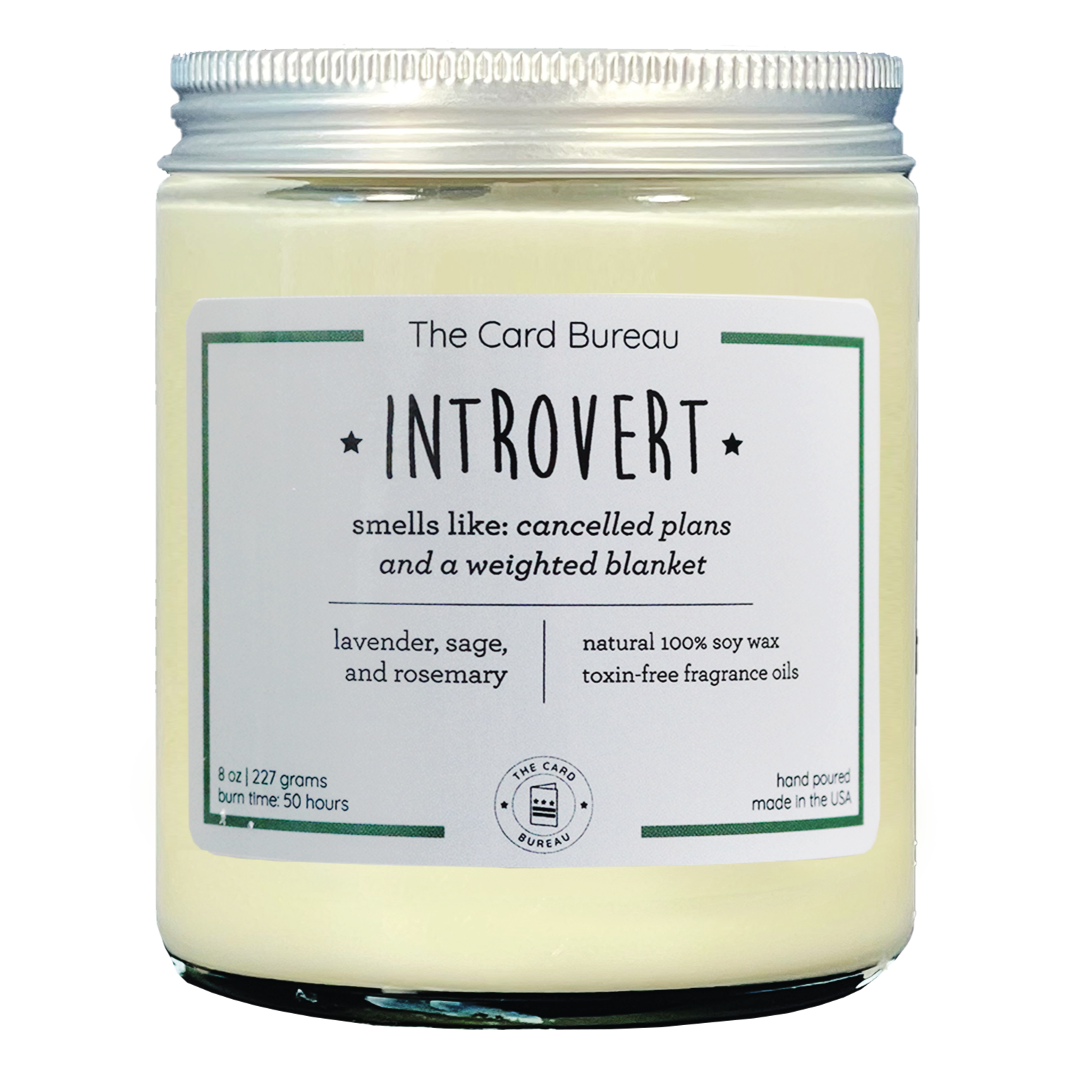 A beautifully hand-poured Introvert Candle in a glass jar, featuring a soothing lavender, sage, and rosemary scent, perfect for creating a cozy atmosphere.