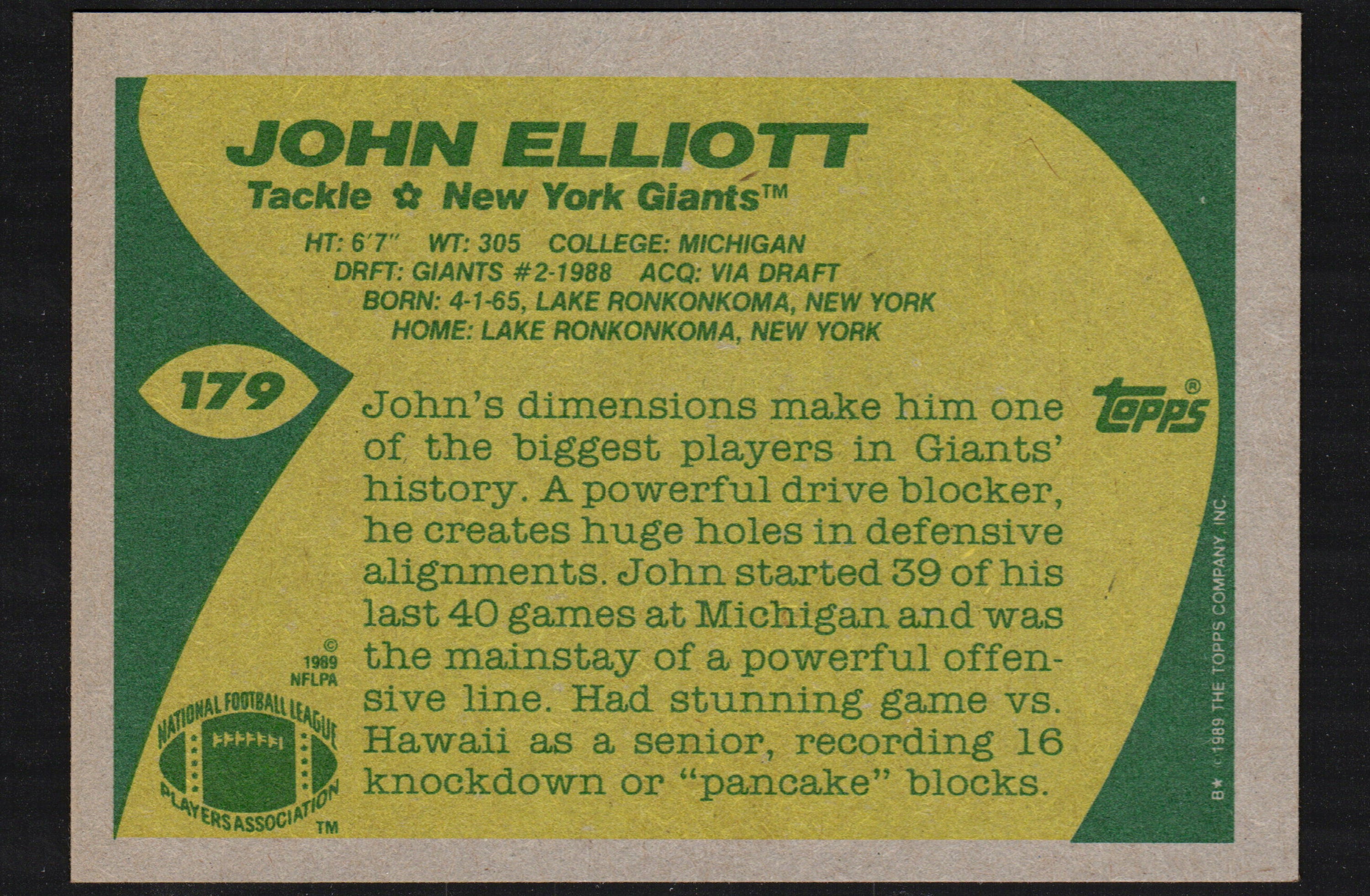 1989 Topps trading card featuring John Elliott of the New York Giants, card number 179, showcasing vibrant colors and detailed player information.