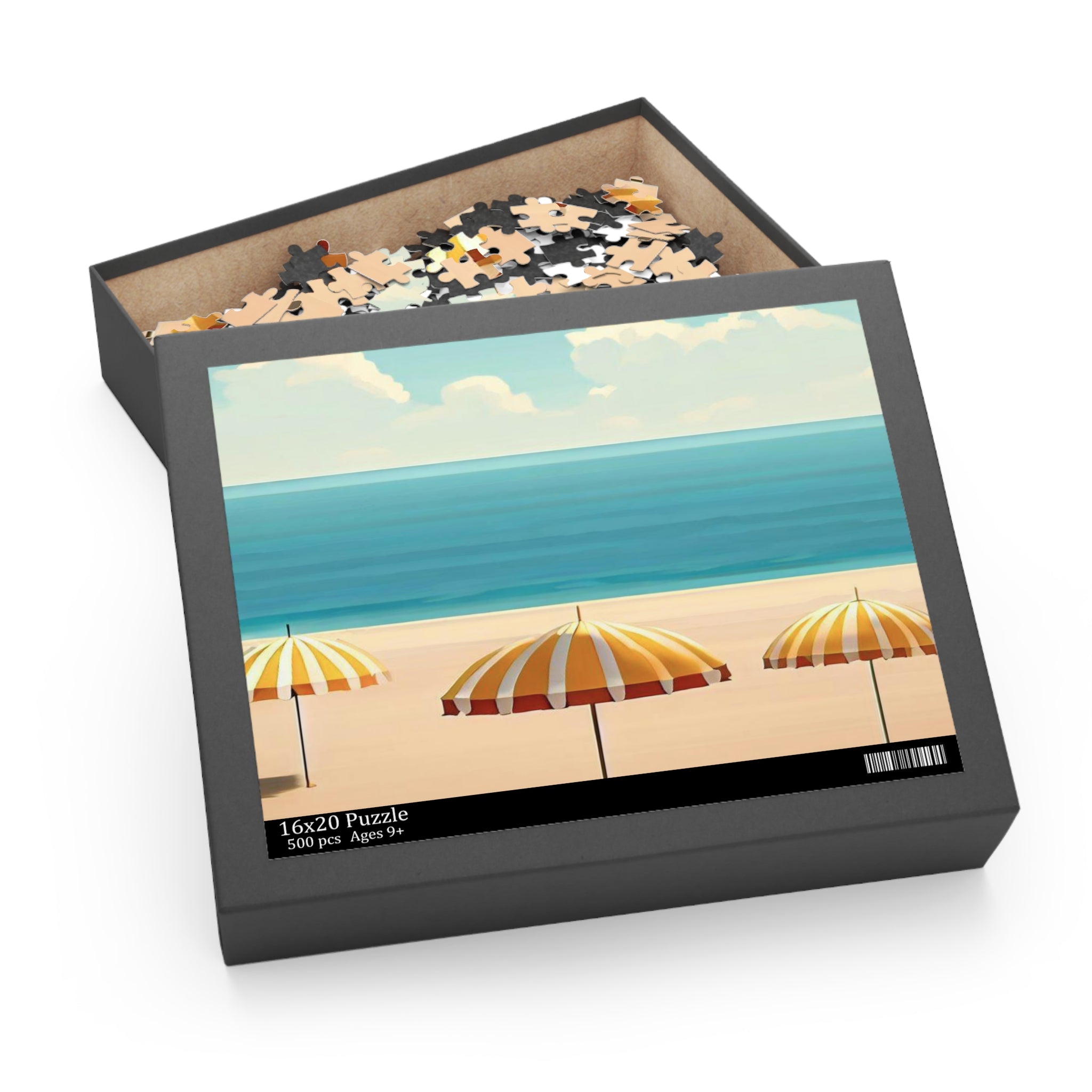 Lazy Beach Days Jigsaw Puzzle featuring 500 colorful chipboard pieces in a gift-ready box, showcasing a beautiful beach scene.