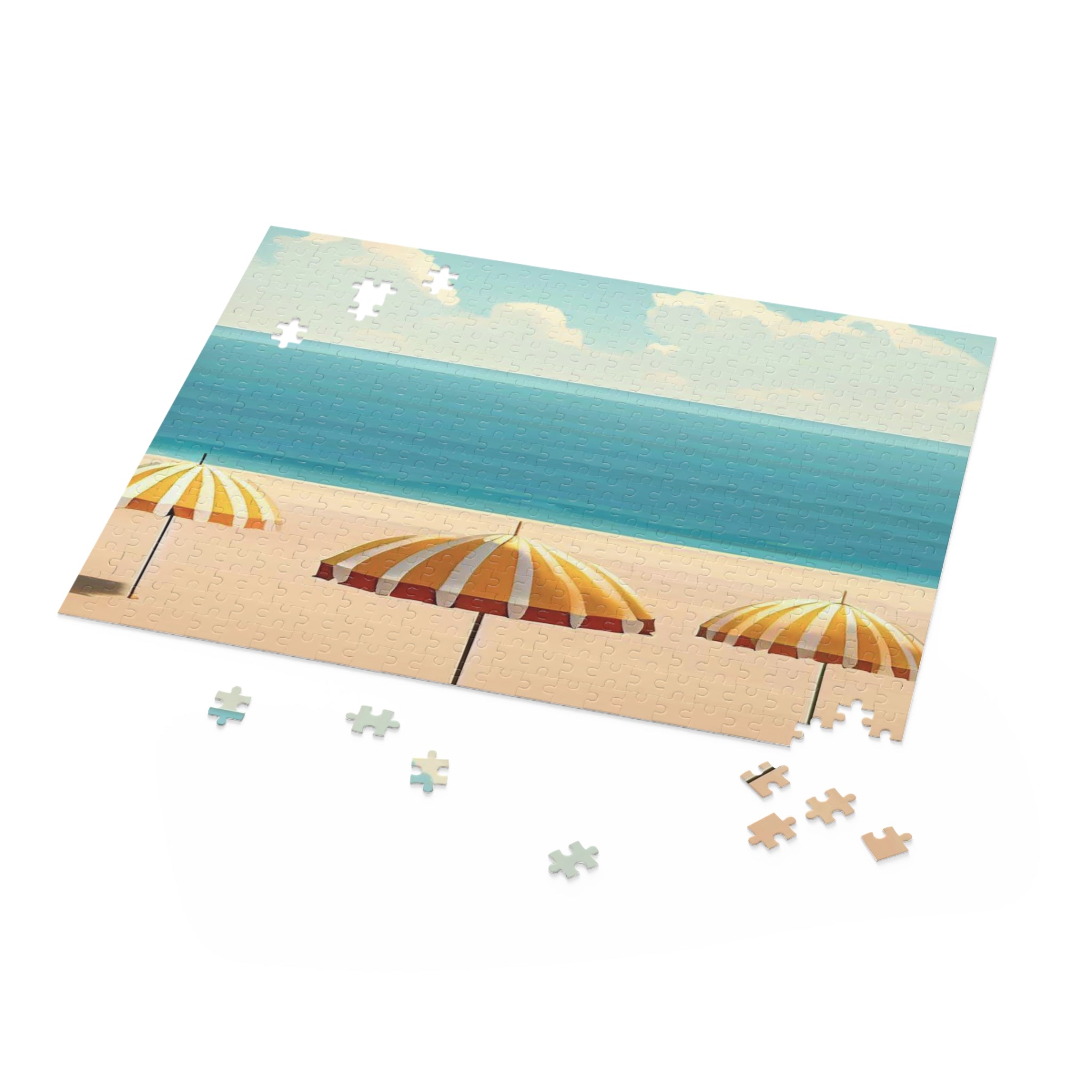 Lazy Beach Days Jigsaw Puzzle featuring 500 colorful chipboard pieces in a gift-ready box, showcasing a beautiful beach scene.