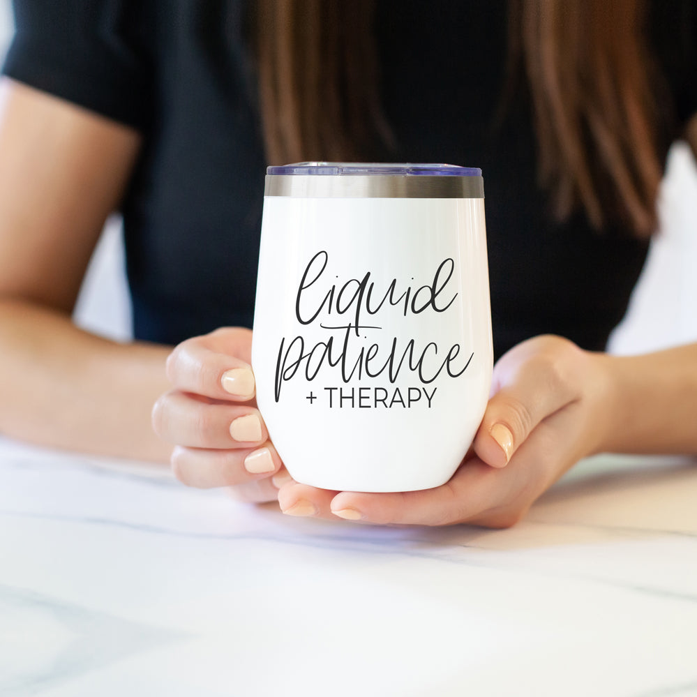 Liquid Patience 12oz Funny Wine Tumbler with humorous design, stainless steel construction, and clear lid.