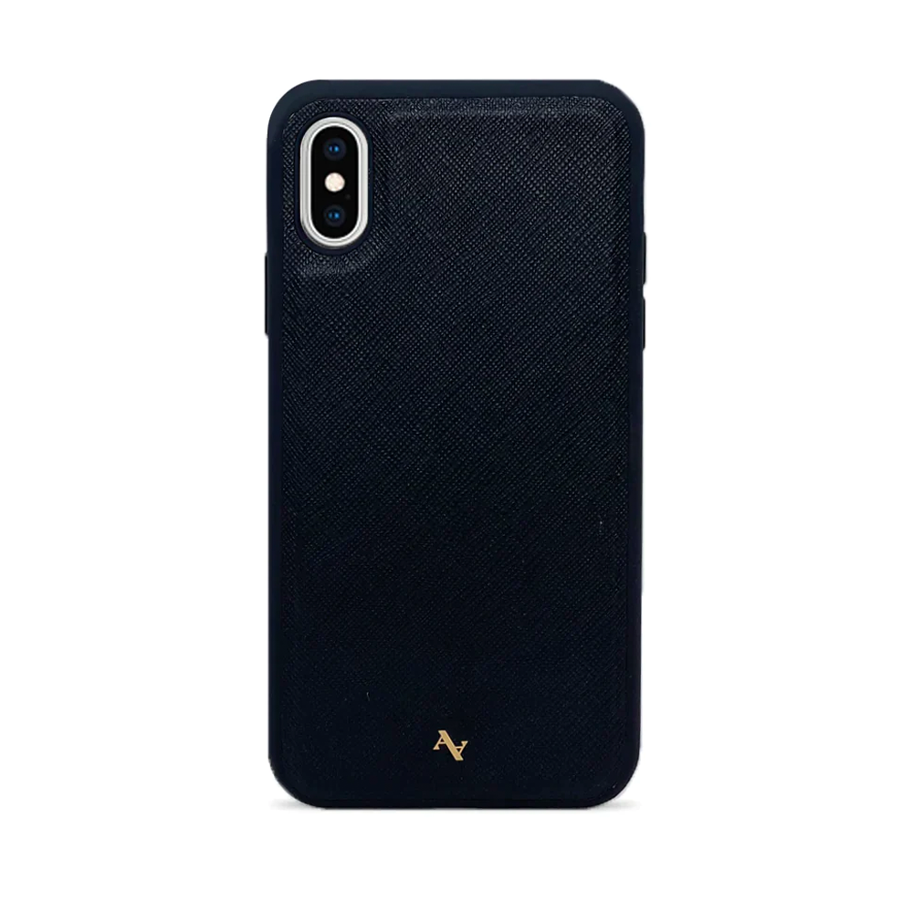 LOGOS Black iPhone Leather Case made from vegan saffiano leather with a soft rubber rim, showcasing personalization options.