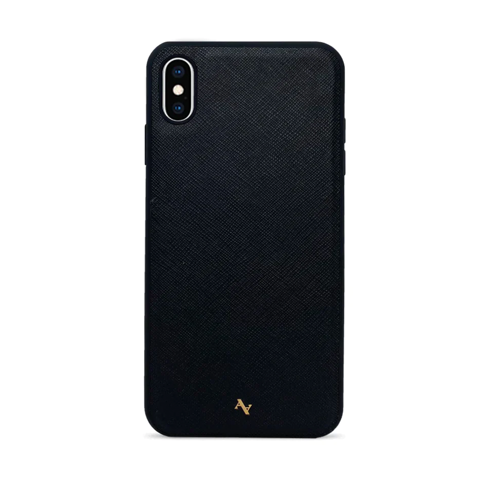 LOGOS Black iPhone Leather Case made from vegan saffiano leather with a soft rubber rim, showcasing personalization options.