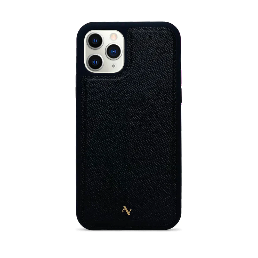 LOGOS Black iPhone Leather Case made from vegan saffiano leather with a soft rubber rim, showcasing personalization options.