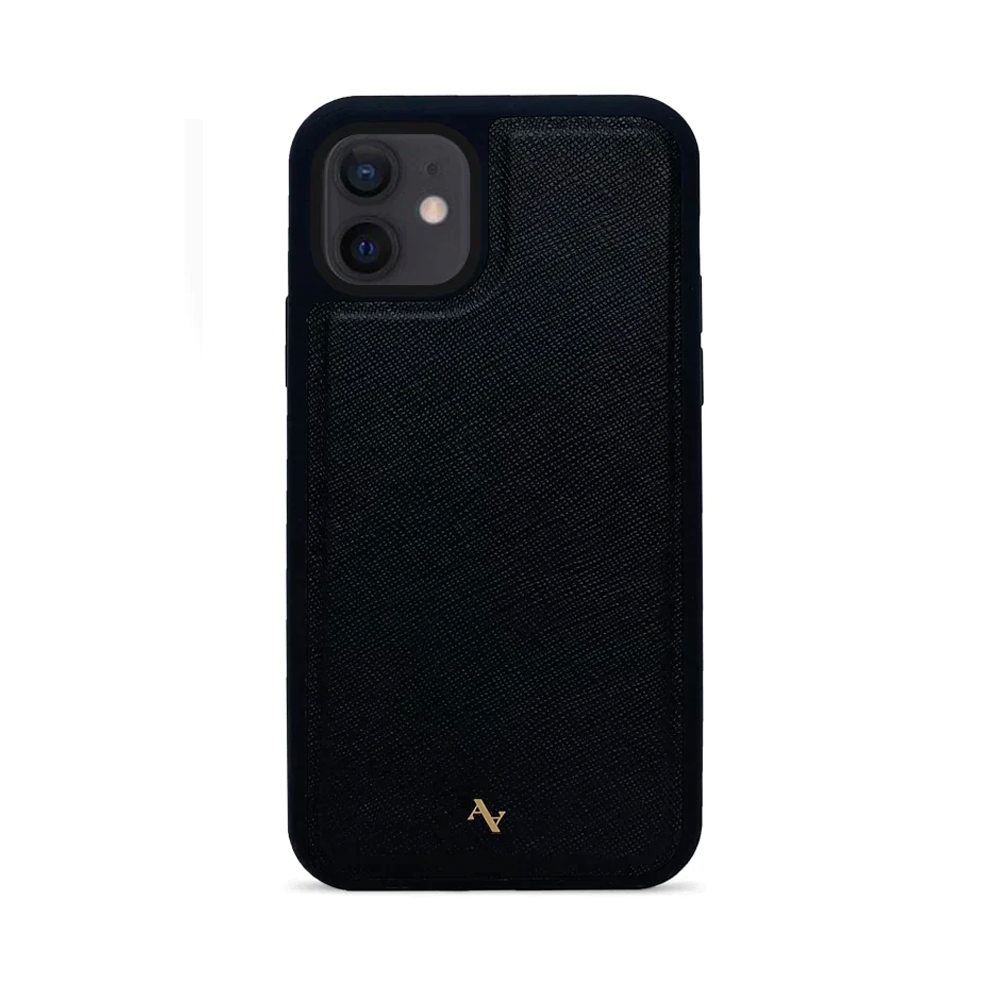 LOGOS Black iPhone Leather Case made from vegan saffiano leather with a soft rubber rim, showcasing personalization options.