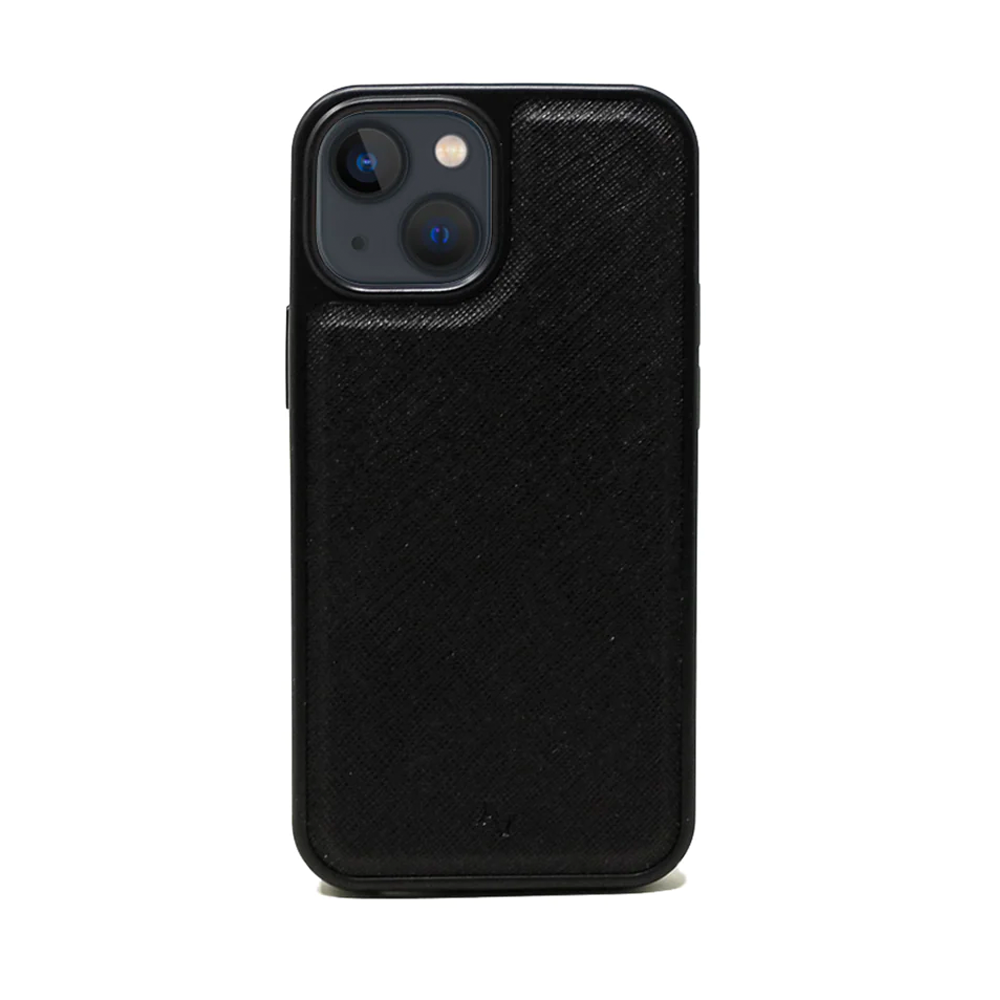 LOGOS Black iPhone Leather Case made from vegan saffiano leather with a soft rubber rim, showcasing personalization options.