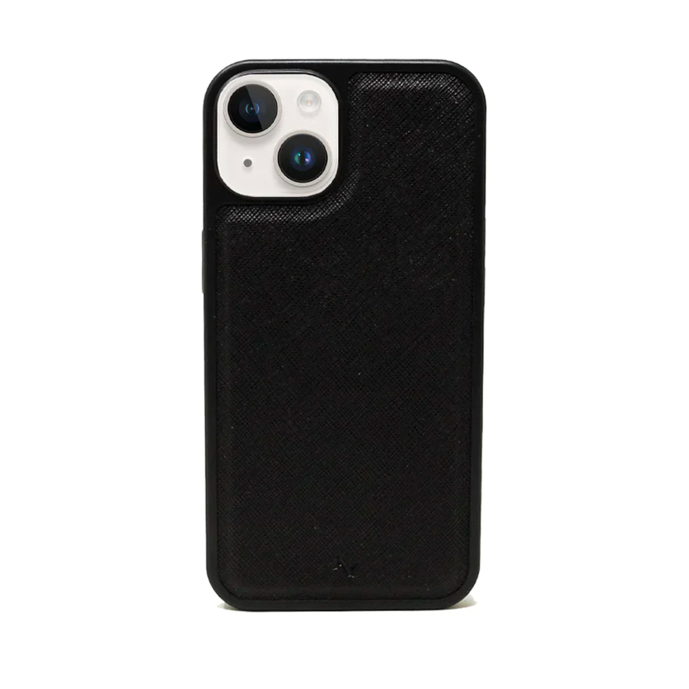 LOGOS Black iPhone Leather Case made from vegan saffiano leather with a soft rubber rim, showcasing personalization options.