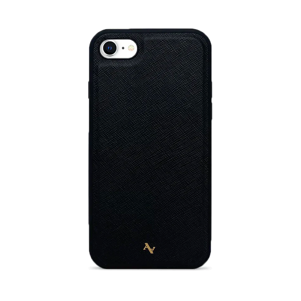 LOGOS Black iPhone Leather Case made from vegan saffiano leather with a soft rubber rim, showcasing personalization options.