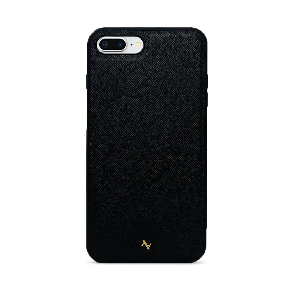 LOGOS Black iPhone Leather Case made from vegan saffiano leather with a soft rubber rim, showcasing personalization options.