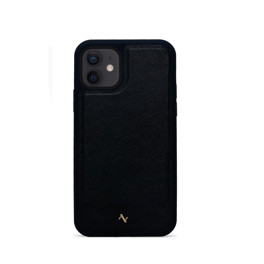 MAAD Classic Black Leather Case for iPhone 12 Mini, showcasing genuine saffiano leather and soft rubber edges.